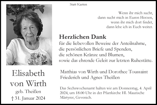 Traueranzeige von Elisabeth von Wirth von Zeitung am Sonntag