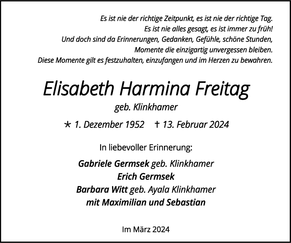  Traueranzeige für Elisabeth Harmina Freitag vom 03.03.2024 aus Zeitung am Sonntag