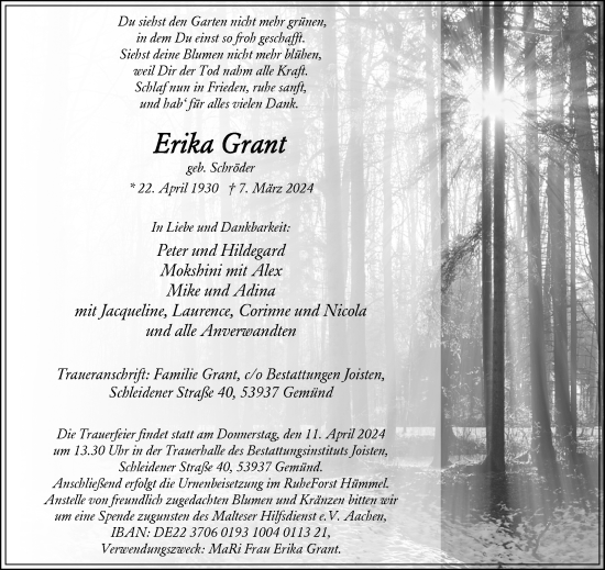 Traueranzeige von Erika Grant von Aachener Zeitung