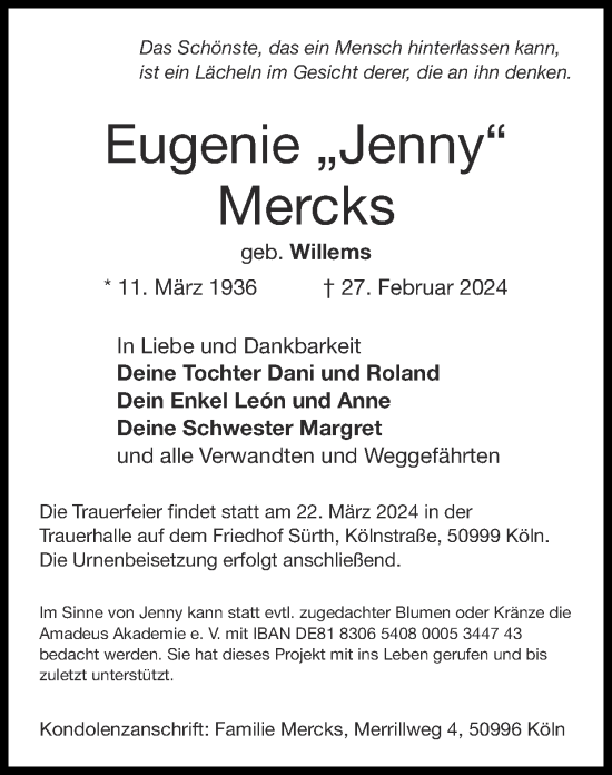 Traueranzeige von Eugenie Mercks von Zeitung am Sonntag