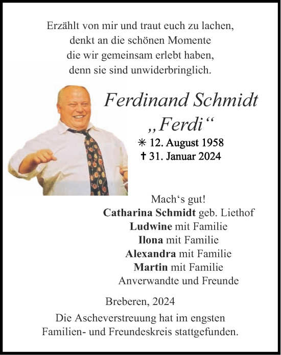 Traueranzeige von Ferdinand Schmidt von Zeitung am Sonntag