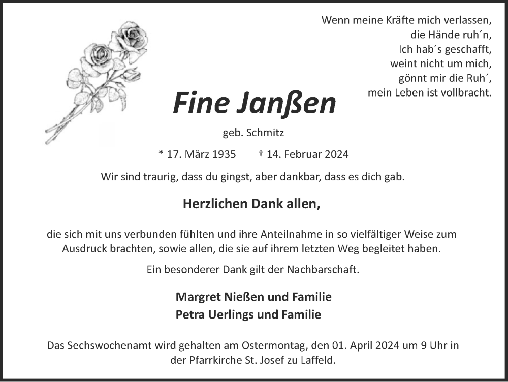  Traueranzeige für Fine Janßen vom 31.03.2024 aus Zeitung am Sonntag