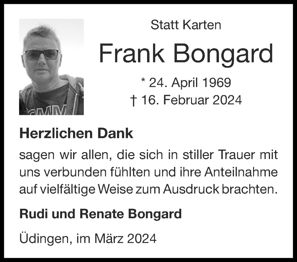  Traueranzeige für Frank Bongard vom 31.03.2024 aus Zeitung am Sonntag