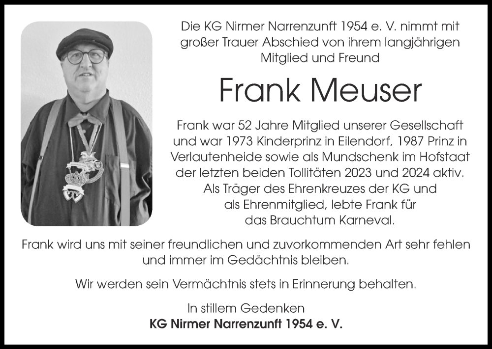  Traueranzeige für Frank Meuser vom 31.03.2024 aus Zeitung am Sonntag