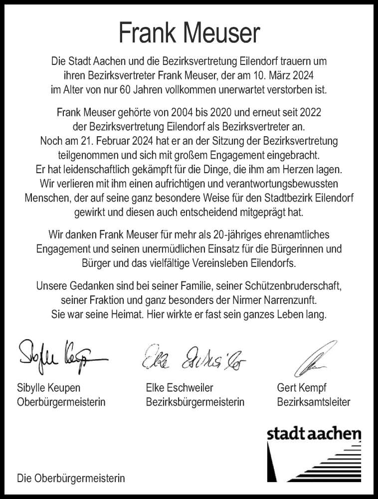  Traueranzeige für Frank Meuser vom 23.03.2024 aus Aachener Zeitung