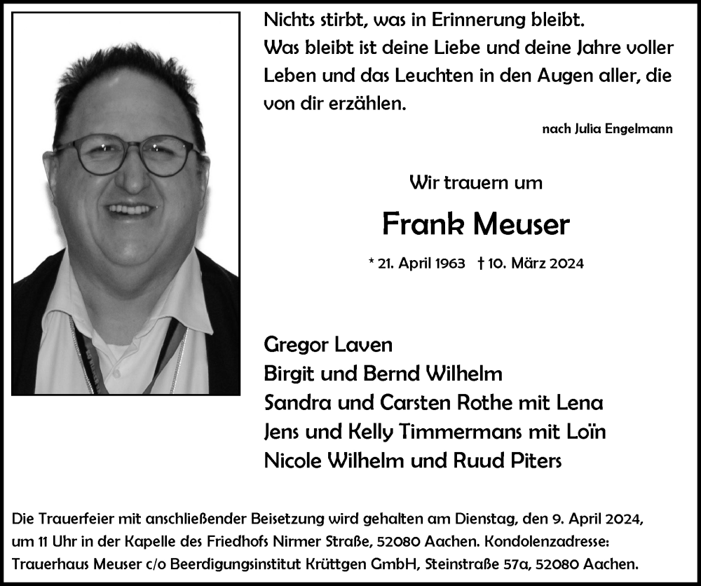  Traueranzeige für Frank Meuser vom 31.03.2024 aus Zeitung am Sonntag