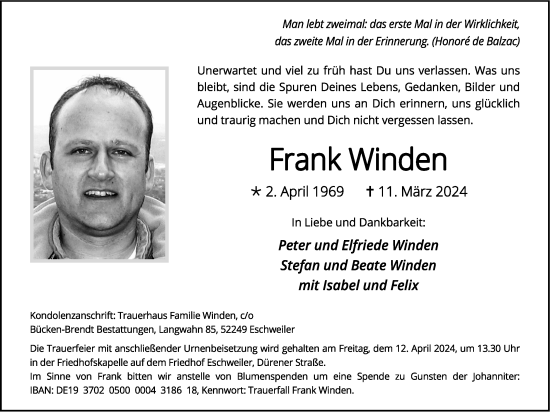 Traueranzeige von Frank Winden von Zeitung am Sonntag