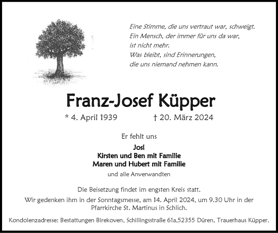 Traueranzeige von Franz-Josef Küpper von Zeitung am Sonntag