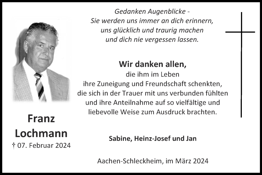  Traueranzeige für Franz Lochmann vom 24.03.2024 aus Zeitung am Sonntag