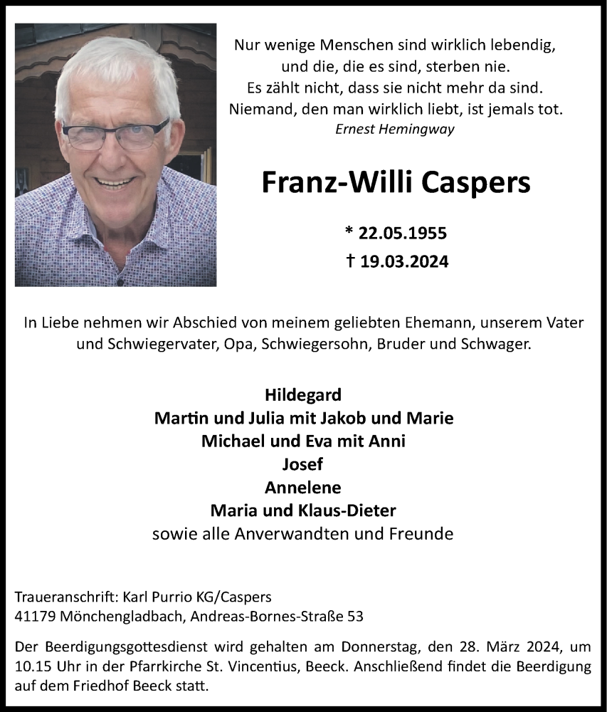  Traueranzeige für Franz-Willi Caspers vom 24.03.2024 aus Zeitung am Sonntag