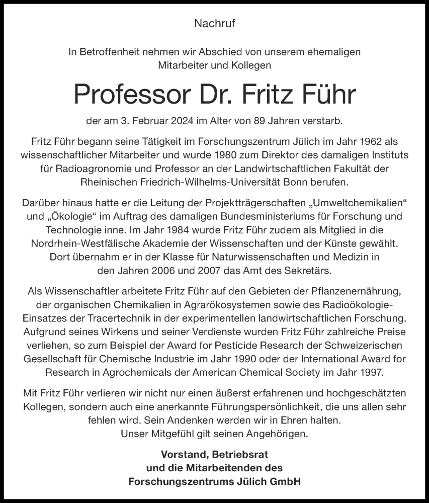  Traueranzeige für Fritz Führ vom 03.03.2024 aus Zeitung am Sonntag