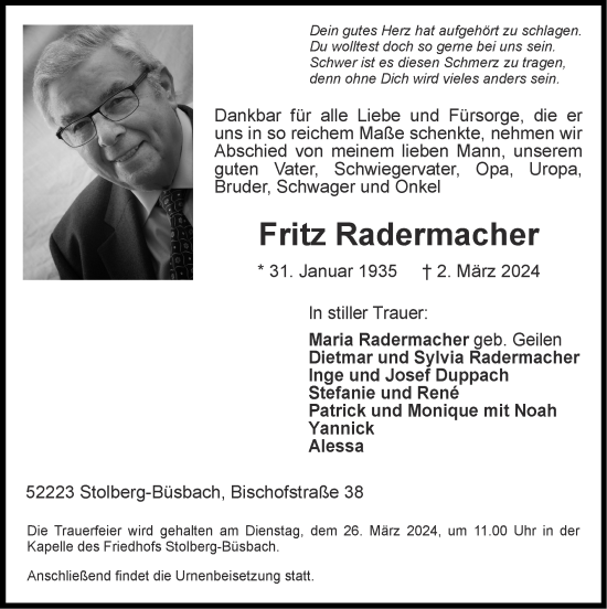 Traueranzeige von Fritz Radermacher von Zeitung am Sonntag
