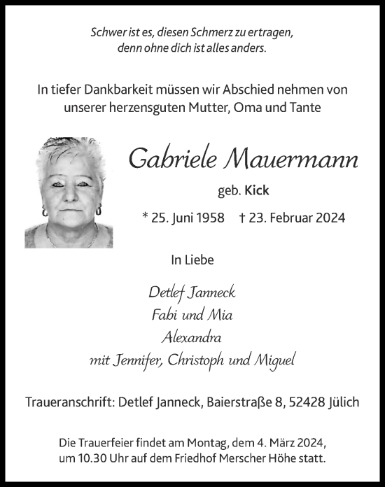 Traueranzeige von Gabriele Mauermann von Zeitung am Sonntag