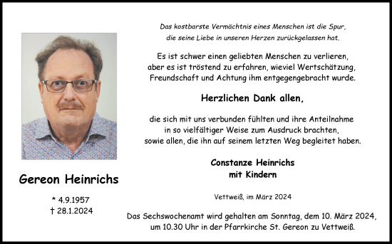 Traueranzeige von Gereon Heinrichs von Zeitung am Sonntag