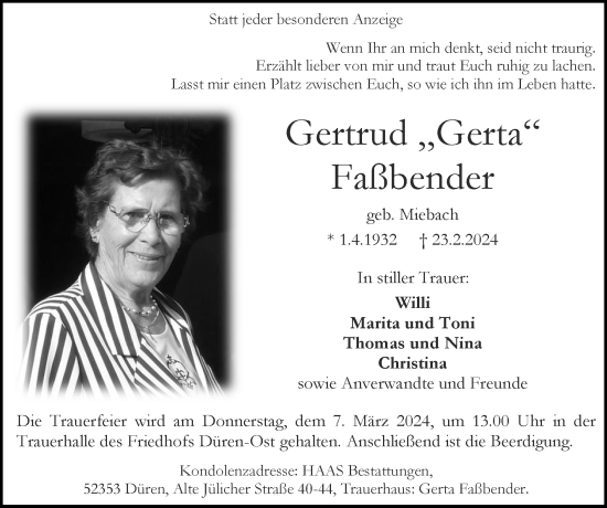 Traueranzeige von Gertrud Faßbender von Zeitung am Sonntag