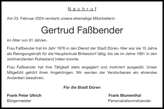 Traueranzeige von Gertrud Faßbender von Zeitung am Sonntag