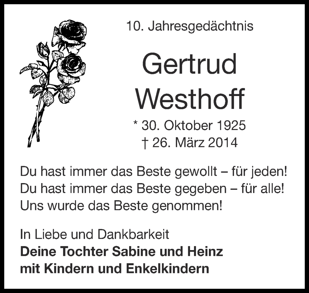  Traueranzeige für Gertrud Westhoff vom 24.03.2024 aus Zeitung am Sonntag