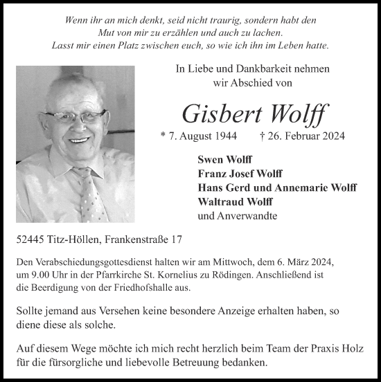 Traueranzeige von Gisbert Wolff von Zeitung am Sonntag