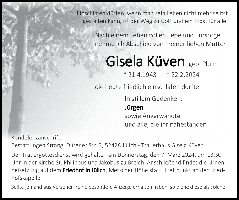  Traueranzeige für Gisela Küven vom 03.03.2024 aus Zeitung am Sonntag