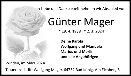 Traueranzeige von Günter Mager von Zeitung am Sonntag