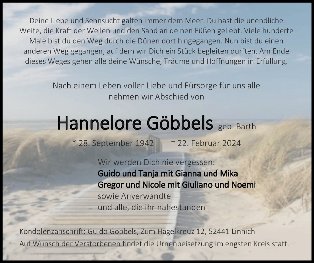  Traueranzeige für Hannelore Göbbels vom 03.03.2024 aus Zeitung am Sonntag