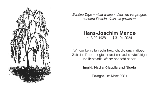 Traueranzeige von Hans-Joachim Mende von Aachener Zeitung