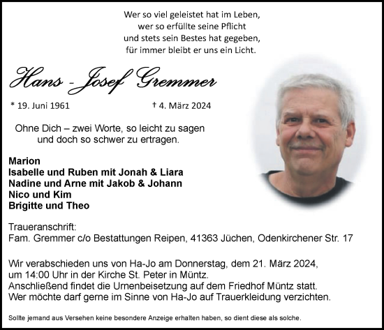 Traueranzeige von Hans-Josef Gremmer von Zeitung am Sonntag