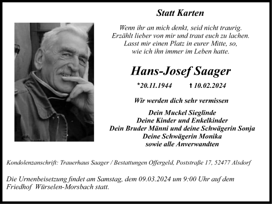 Traueranzeige von Hans-Josef Saager von Zeitung am Sonntag