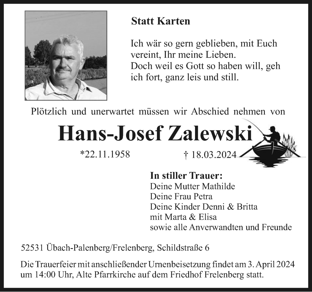  Traueranzeige für Hans-Josef Zalewski vom 31.03.2024 aus Zeitung am Sonntag
