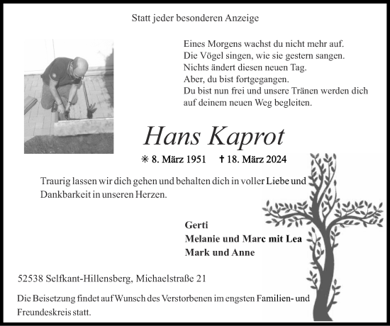 Traueranzeige von Hans Kaprot von Zeitung am Sonntag