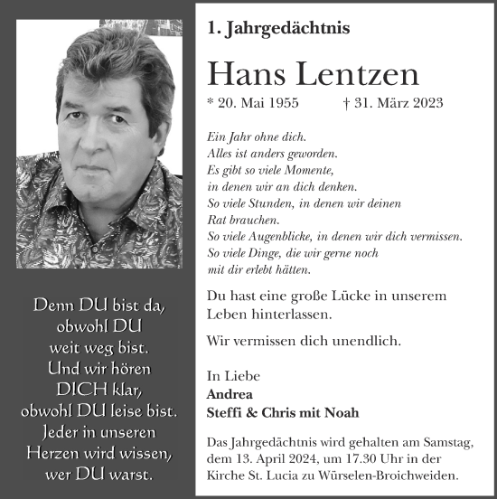 Traueranzeige von Hans Lentzen von Zeitung am Sonntag
