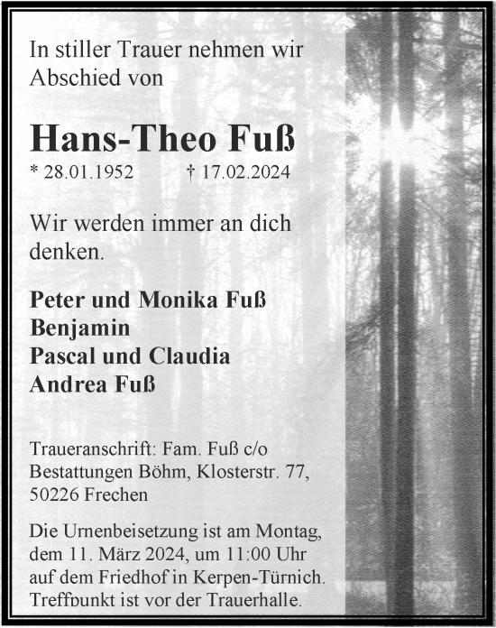 Traueranzeige von Hans-Theo Fuß von Zeitung am Sonntag