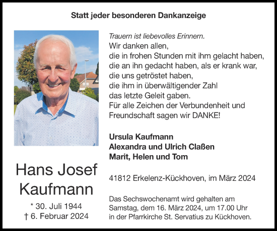 Traueranzeige von Hans Josef Kaufmann von Zeitung am Sonntag