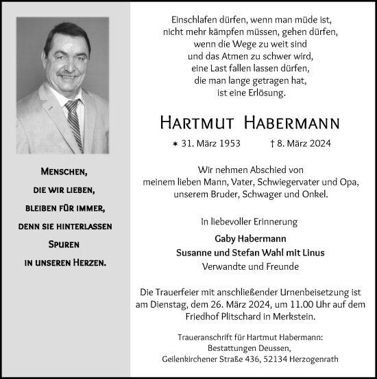 Traueranzeige von Hartmut Habermann von Zeitung am Sonntag