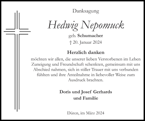Traueranzeige von Hedwig Nepomuck von Zeitung am Sonntag