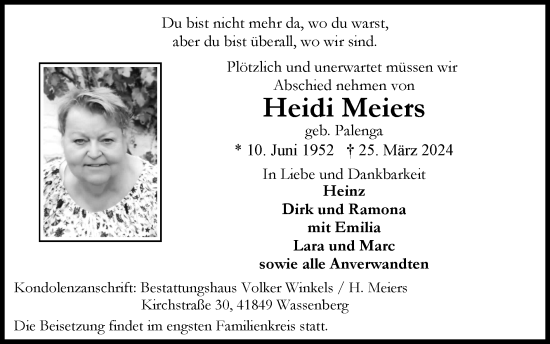 Traueranzeige von Heidi Meiers von Zeitung am Sonntag