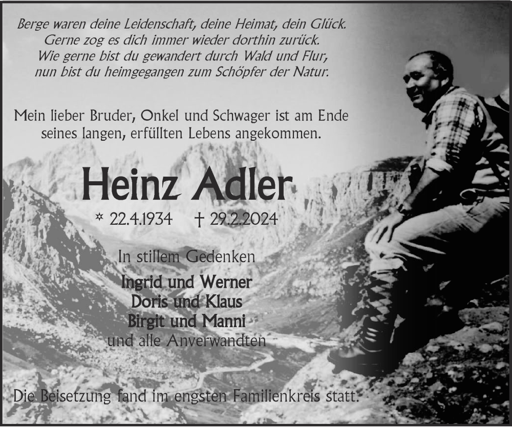  Traueranzeige für Heinz Adler vom 24.03.2024 aus Zeitung am Sonntag