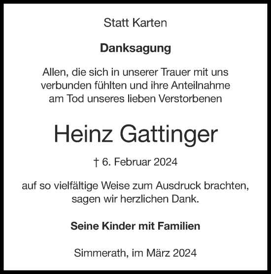 Traueranzeige von Heinz Gattinger von Zeitung am Sonntag