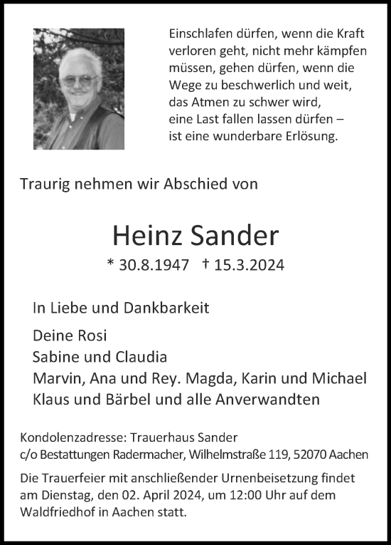 Traueranzeige von Heinz Sander von Zeitung am Sonntag