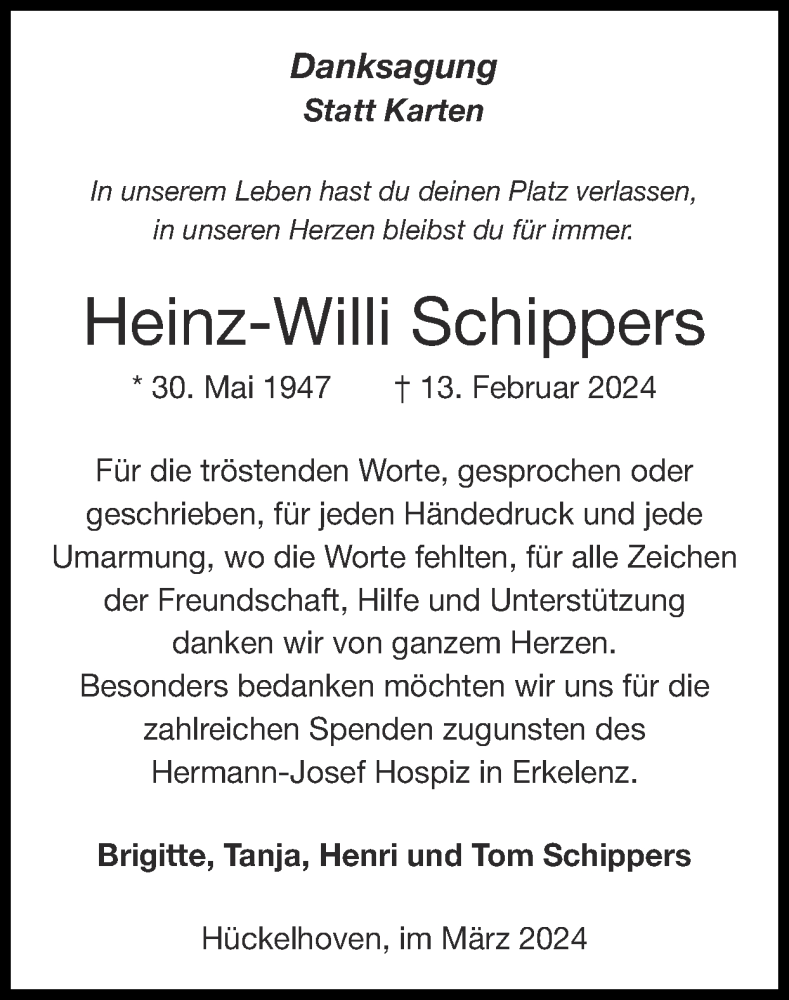  Traueranzeige für Heinz-Willi Schippers vom 24.03.2024 aus Zeitung am Sonntag