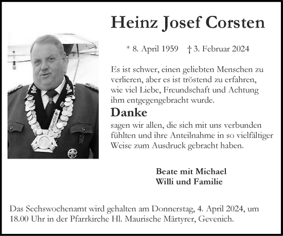 Traueranzeige von Heinz Josef Corsten von Zeitung am Sonntag
