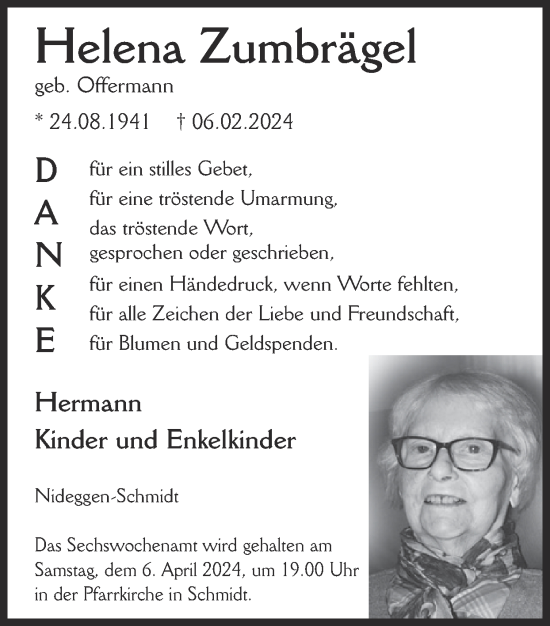 Traueranzeige von Helena Zumbrägel von Zeitung am Sonntag