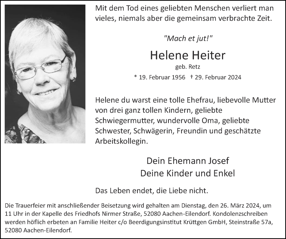  Traueranzeige für Helene Heiter vom 17.03.2024 aus Zeitung am Sonntag