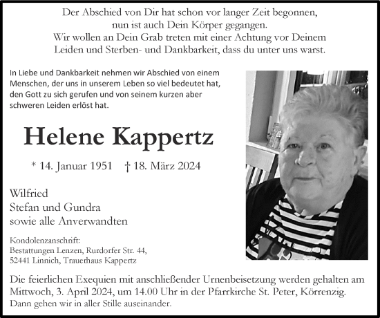Traueranzeige von Helene Kappertz von Zeitung am Sonntag