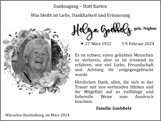 Traueranzeige von Helga Goebbels von Zeitung am Sonntag