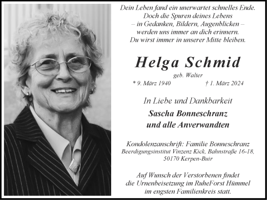 Traueranzeige von Helga Schmid von Zeitung am Sonntag