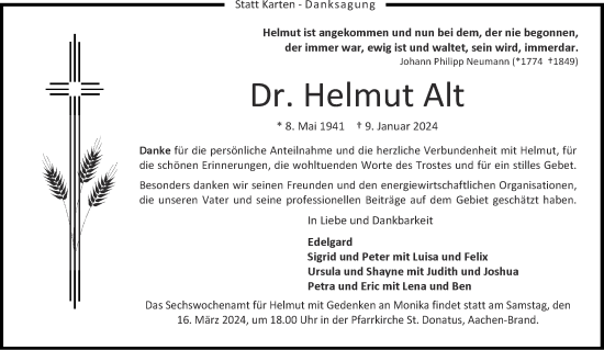 Traueranzeige von Helmut Alt von Aachener Zeitung