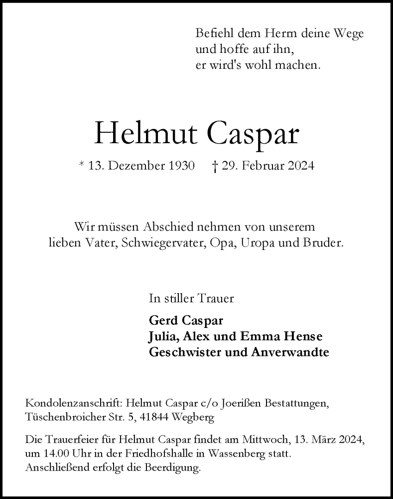  Traueranzeige für Helmut Caspar vom 10.03.2024 aus Zeitung am Sonntag
