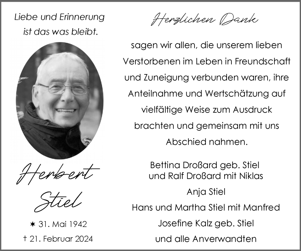  Traueranzeige für Herbert Stiel vom 17.03.2024 aus Zeitung am Sonntag