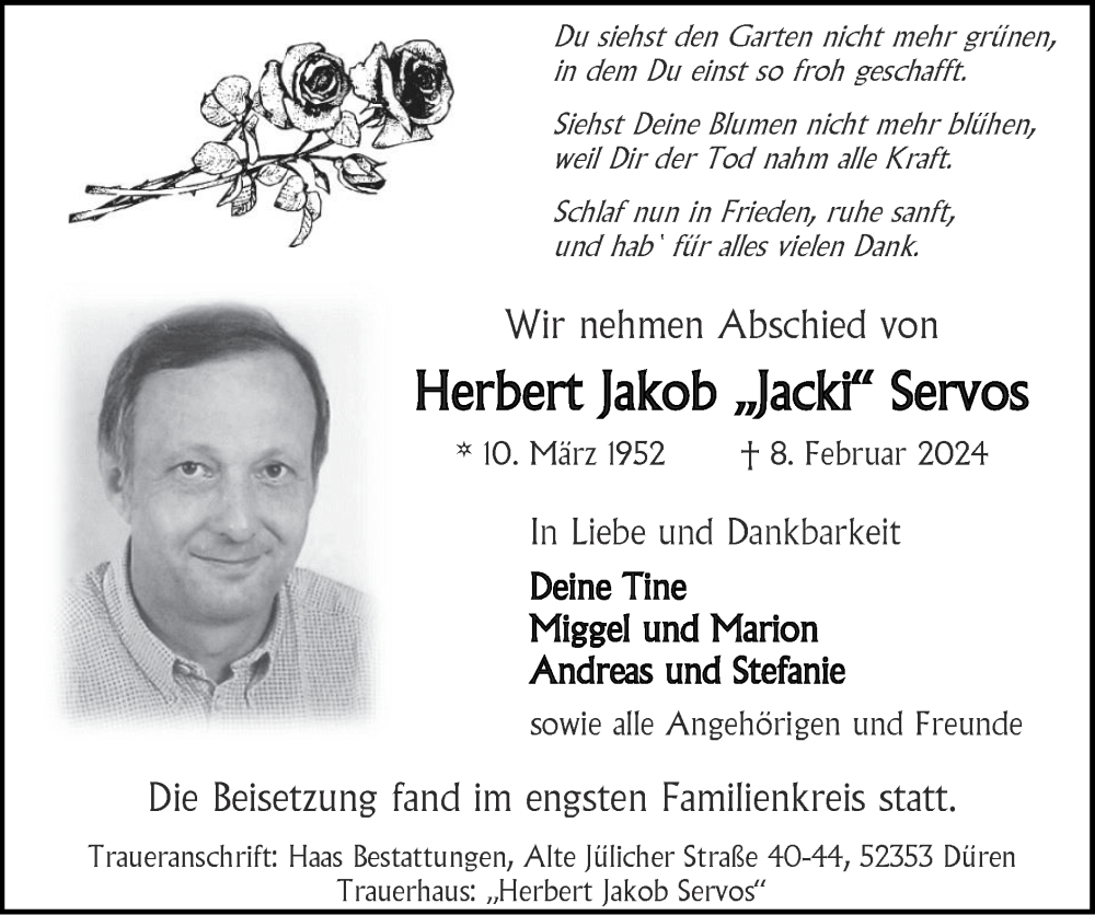  Traueranzeige für Herbert Jakob Servos vom 03.03.2024 aus Zeitung am Sonntag
